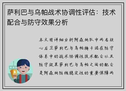 萨利巴与乌帕战术协调性评估：技术配合与防守效果分析
