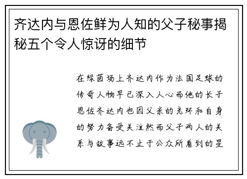 齐达内与恩佐鲜为人知的父子秘事揭秘五个令人惊讶的细节